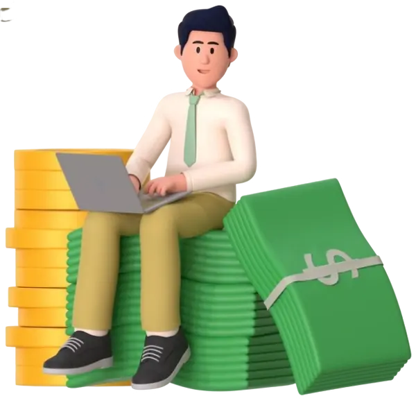 3D illustration of a person working on a laptop with coins